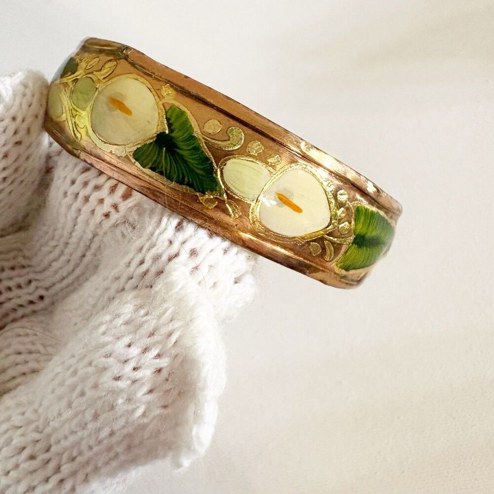 Painted Brass Gold Tone Bangle Bracelet Floral Fashion Jewelry